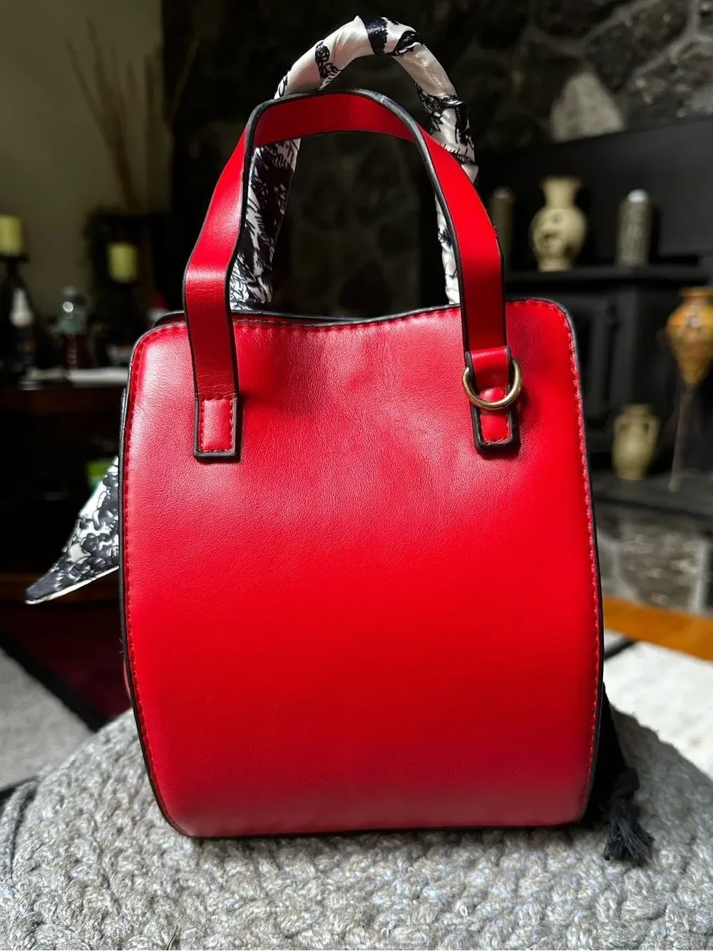 Red Top-Handle Satchel with Graphic Face Detail
